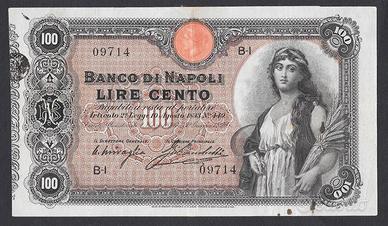 Banconota lire 100 del Banco di Napoli 1896