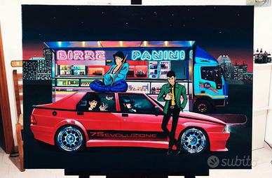 Stampa d'autore dipinto "LUPIN III E ALFA 75 EVO"