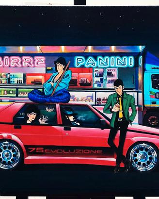 Stampa d'autore dipinto "LUPIN III E ALFA 75 EVO"