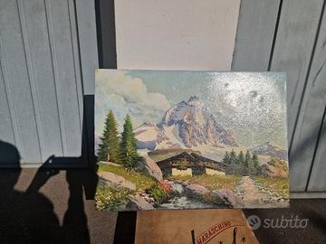 Dipinto olio su tela Monti innevati e fiume