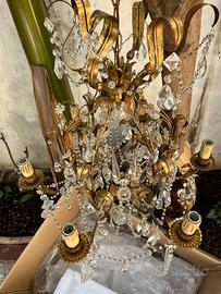 Lampadari foglie ottone , gocce vetro