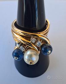 Anello oro 18kt zaffiri cabochon diamanti, vintage