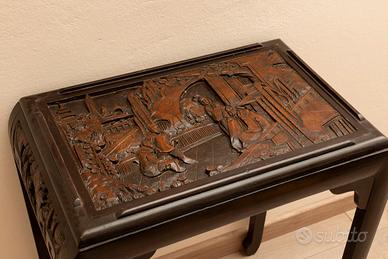 Tavolino Cinese Legno Massiccio Intagliato + Vetro