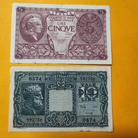 Coppia di banconote 5 e 10 Lire Italia 1944