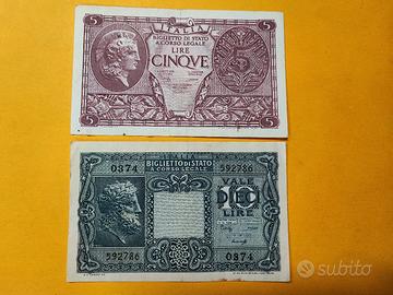 Coppia di banconote 5 e 10 Lire Italia 1944