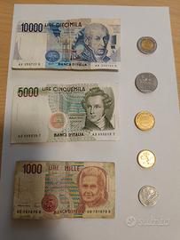 Lotto 3 banconote + 5 monete "lire" originali