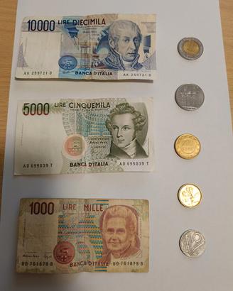 Lotto 3 banconote + 5 monete "lire" originali