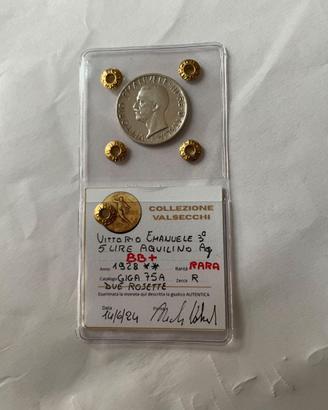 5 Lire 1928  Aquilino DUE ROSETTE RARA BB+