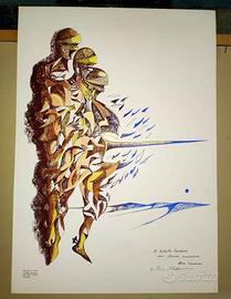 Litografia ritoccata a mano cavaliere futurista