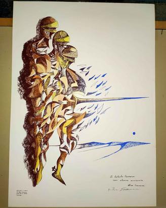 Litografia ritoccata a mano cavaliere futurista