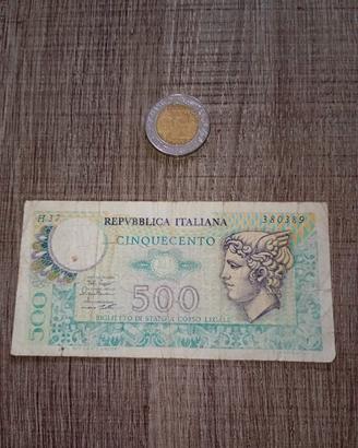 500 lire bimetalliche e 500 lire di carta