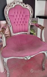 Poltrona stile barocco rosa e argento 
