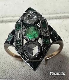 Anello anni 30 oro argento diamanti e smeraldi