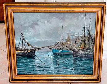 Quadro con barche dipinto a olio firmato.