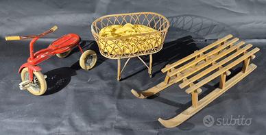 Triciclo Giordani, slitta in legno, culla in Vimin