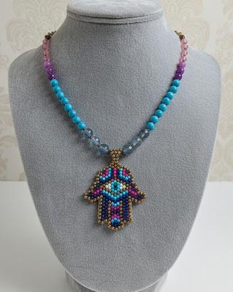 Collana Unica gemme naturali Mano di Fatima Charm