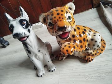 Statua vintage in ceramica cuc  dalmata e leopardo