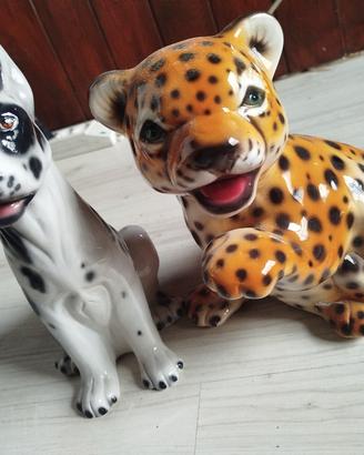Statua vintage in ceramica cuc  dalmata e leopardo