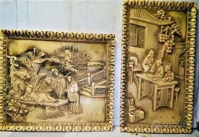 Modernariato cinese 2 quadri in pietra saponaria