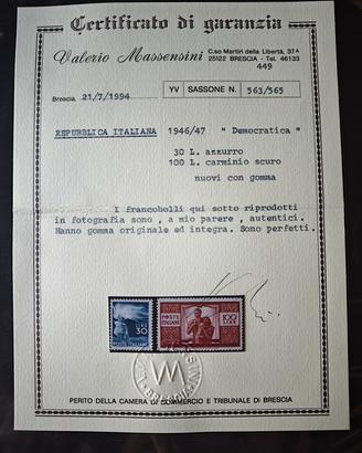 Coppia democratica 1946 1947 con certificato
