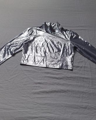 maglia corta e aderente laminato argentocon manica