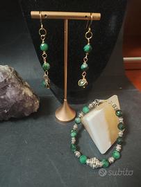 bracciale+orecchini pietra verde mica e acciaio 