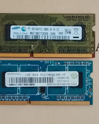 Samsung RAM DDR3 2GB+altra da 1gb per PC notebook.