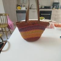 borsa multicolore vintage in paglia intrecciata