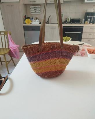 borsa multicolore vintage in paglia intrecciata