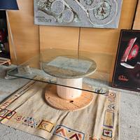 Tavolino in vetro con bobina in legno 