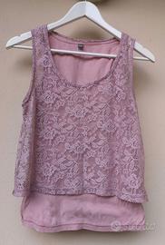 Canotta T-shirt Rosa Polvere con Pizzo