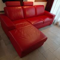 Divano Pelle Pieno Fiore Rosso con Chaise Longue