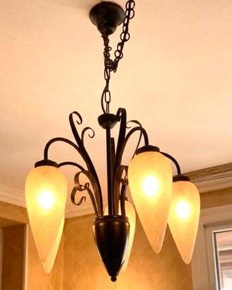 Lampadario a cinque luci in ferro e vetro satinato