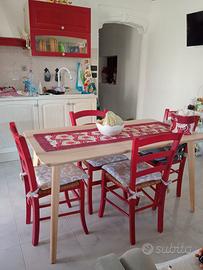 tavolo rovere chiaro con sedie rosse 