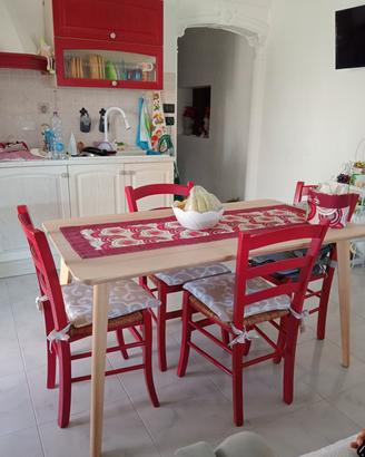 tavolo rovere chiaro con sedie rosse 