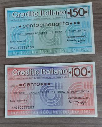 2 miniassegni Credito Italiano 100 e 150 lire