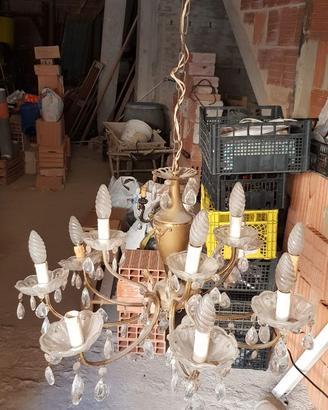 lampadario 12 bracci ottone e cristallo vintage