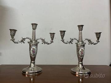 Coppia candelabri vintage 3 luci con porcellana