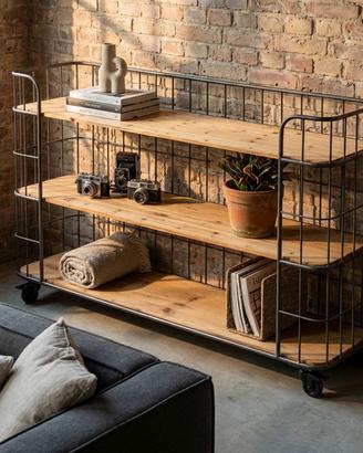 Scaffale Stile Industriale 3 Ripiani con Ruote