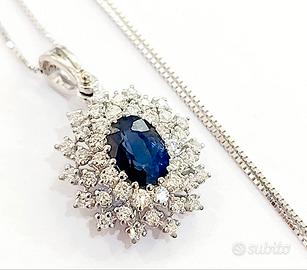 Collana pendente Zaffiro Ovale Diamanti Oro