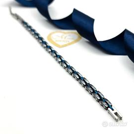 Bracciale da uomo acciaio a maglie grigio e blu