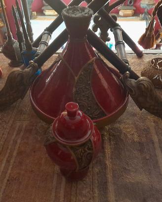 Tajine+potiche vintage oriente ottone rilievo 