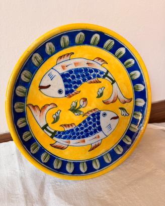Piatto decorativo da parete ceramica blu con pesci