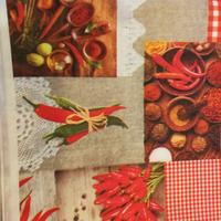 Tovaglia peperoncini, fiori rossi, frutta, natale