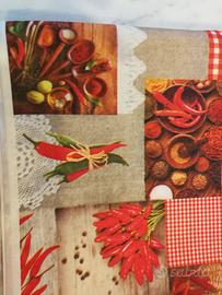 Tovaglia peperoncini, fiori rossi, frutta, natale