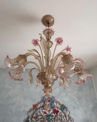 Lampadario Murano vintage, fiori e foglie in vetro