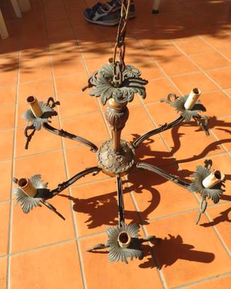 Lampadario Vintage a 6 Luci in Fusione di Ottone