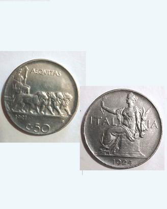 N°2 Monete 50 cent.Leoni del 1921- Buono da 1 Lira