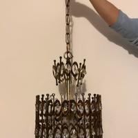Lampadario Vintage in Ottone e Cristalli