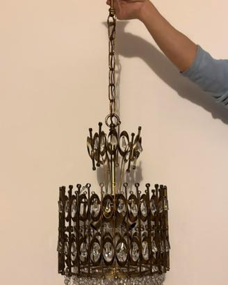 Lampadario Vintage in Ottone e Cristalli